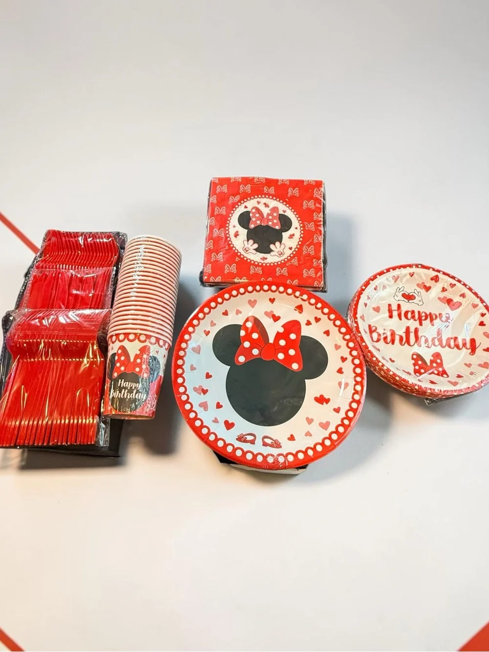 Red Minnie Mouse Party Paper Plates & Cups Set for party of 24 Happy Birthday